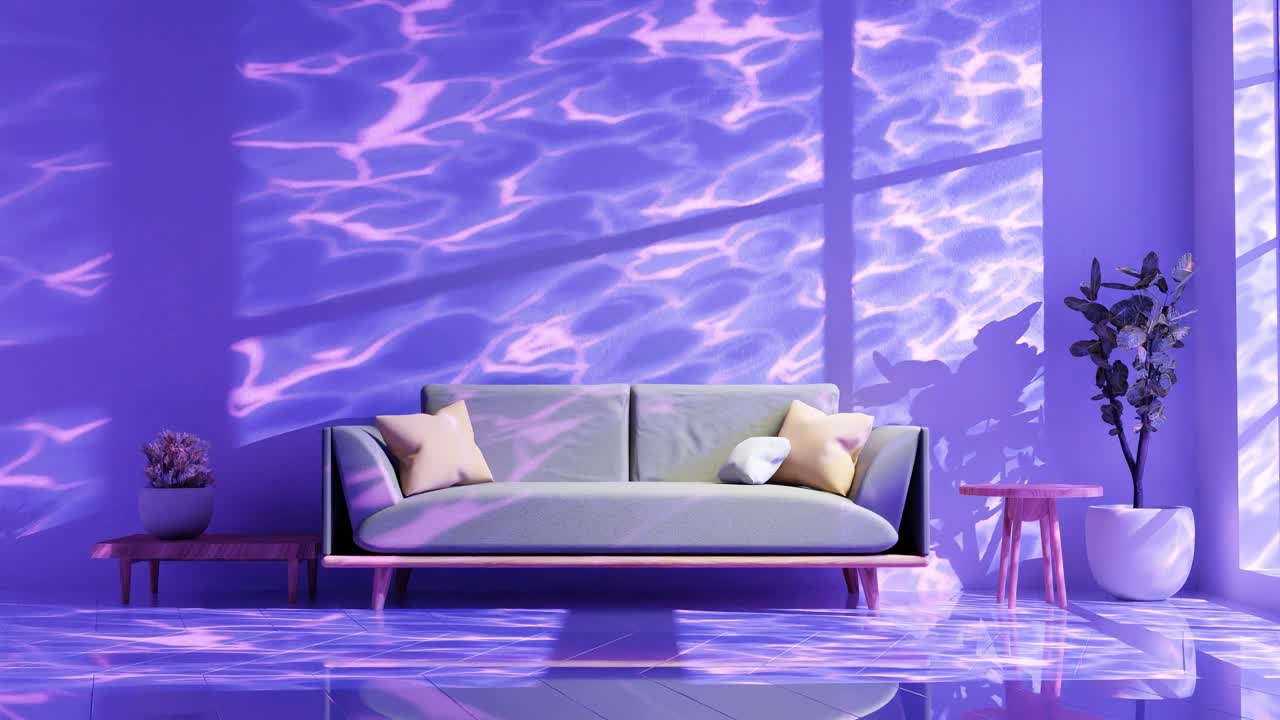 현대적인 아파트 거실 그림자 벽에 구름 부드럽게 여름 바람에 의해 움직이는 바람 건축 내부 디자인 개념 3d 렌더링 애니메이션