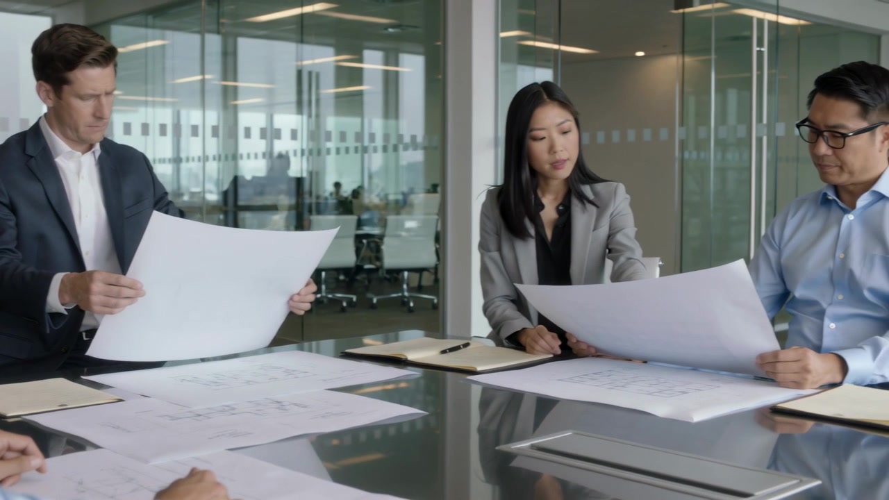 Unfolding plan sheets, man in dark suit inspecting plans on glossy meeting table for joint review