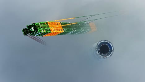 a massive construction crane assembles the base of a wind turbine tower, rising above dense clouds in a latvian wind farm, captured from an aerial top-down perspective