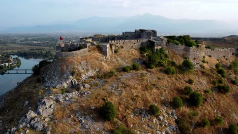 aerial of rozafa medieval castle in shkoder, albania in the morning sun