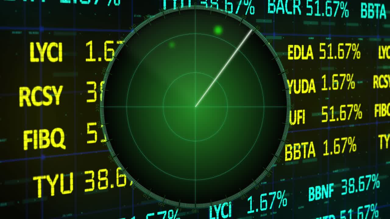 Animazione di bersagli su schermo radar su tabellone di trading e numeri su sfondo nero.