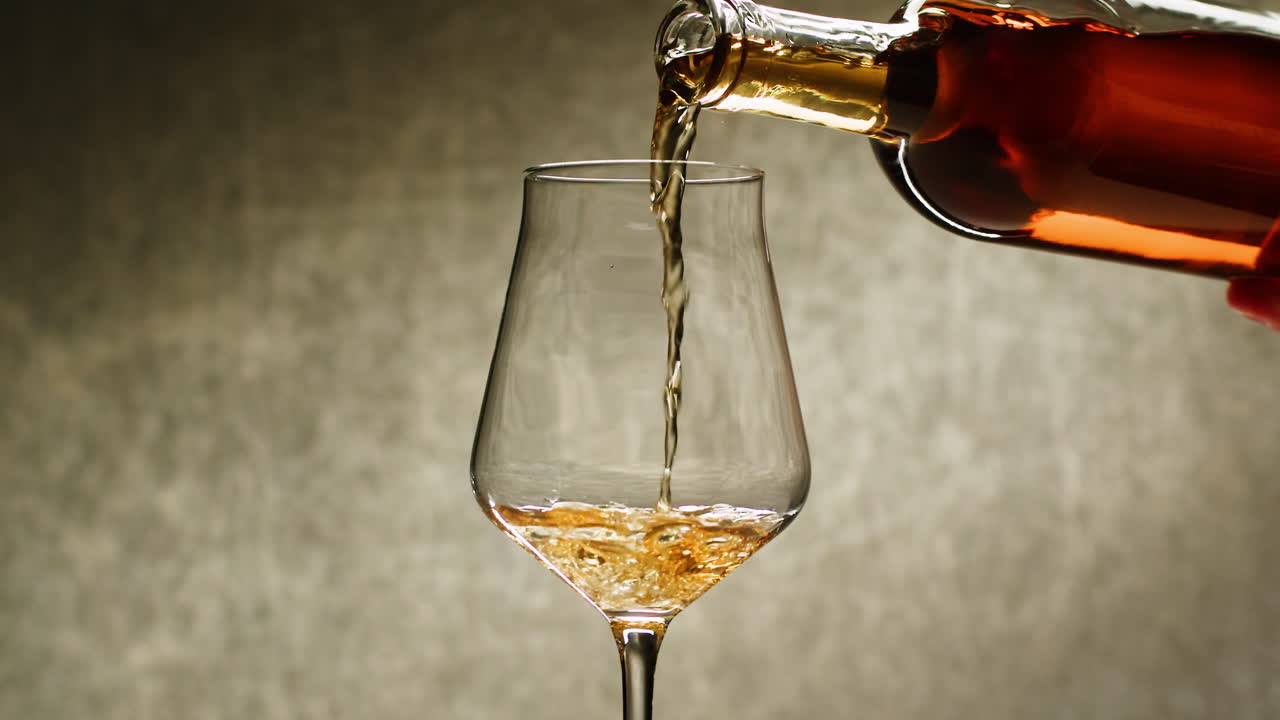 Rose Orange or white wine bottle and glass against a sunset in a peaceful vineyard, pouring of ecological natural wine. Cheers, hands with wine glasses, drinking alcohol.