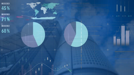 Animation-of-statistical-data-processing-against-low-angle-view-of-a-tall-building