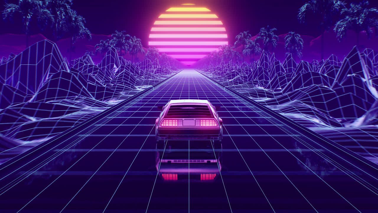 Loop car and background neon retro wave 80s style