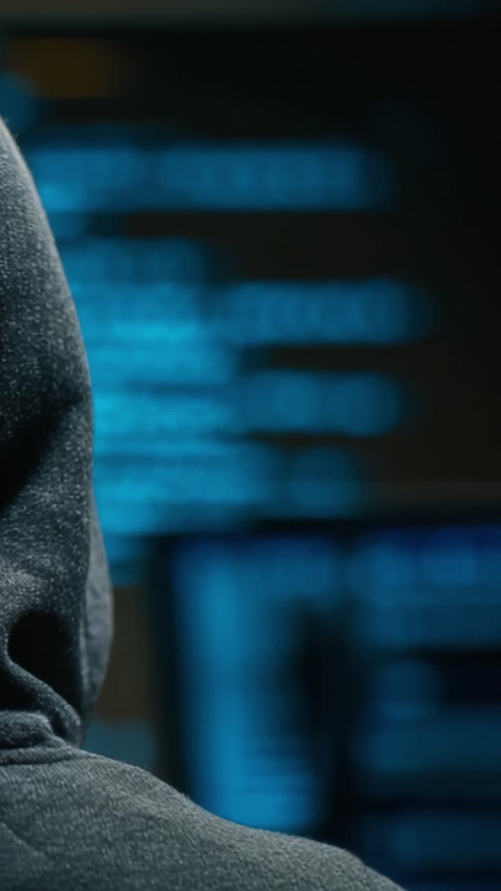 Una figura misteriosa con un cappuccio sagomata contro uno sfondo di codice digitale e monitor, che riflette gli intrighi dell'intrusione cibernetica e della tecnologia moderna