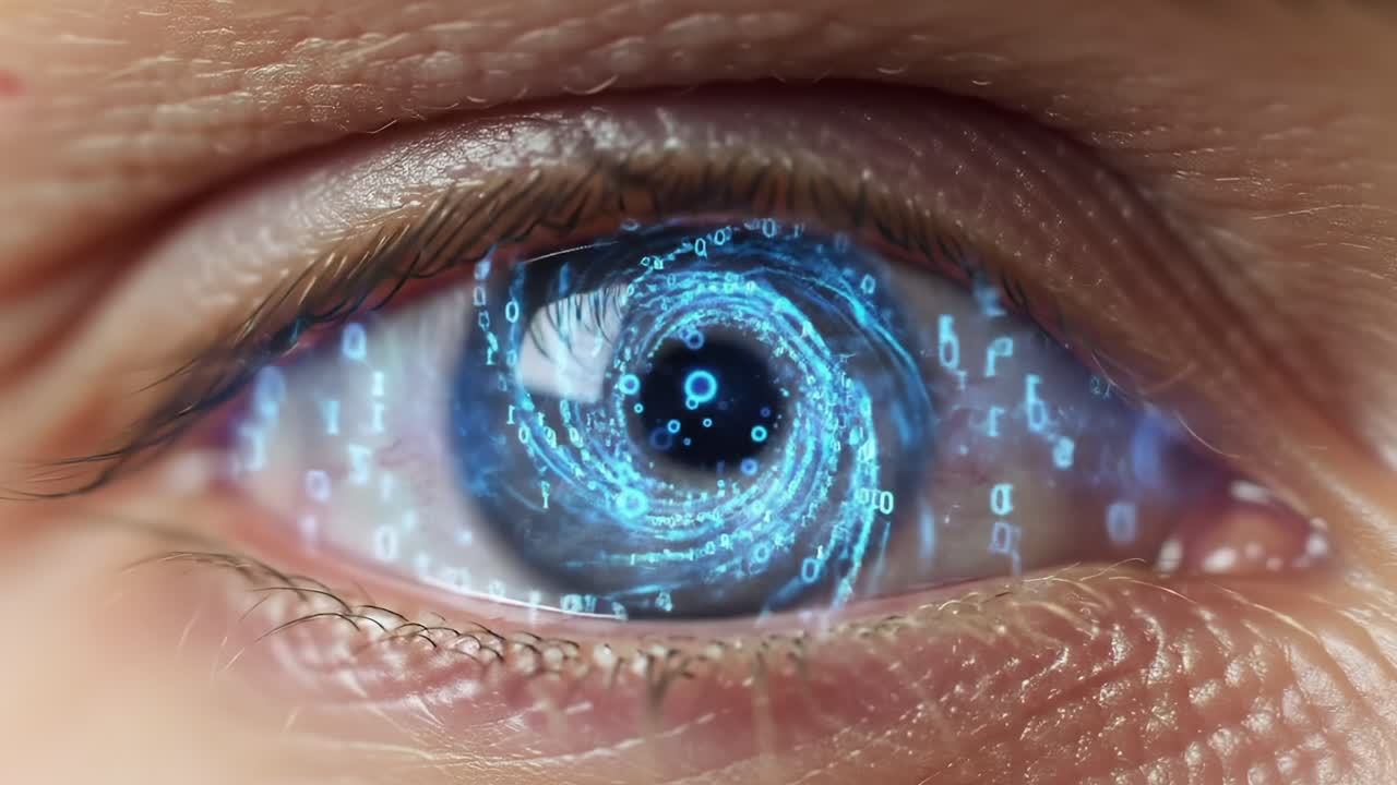 A Hypnotic Digital Eye: Exploring the Infinite Depths of a Whirling Data-Inspired Vortex through a Captivating Human Iris