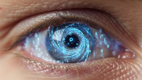 a hypnotic digital eye: exploring the infinite depths of a whirling data-inspired vortex through a captivating human iris