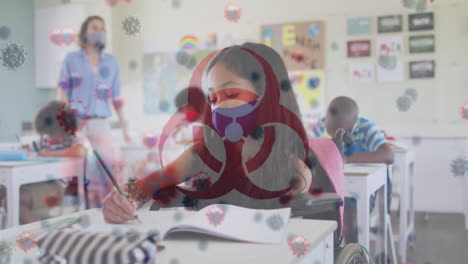 animation of biohazard symbol and covid 19 cells with children in classroom wearing face masks