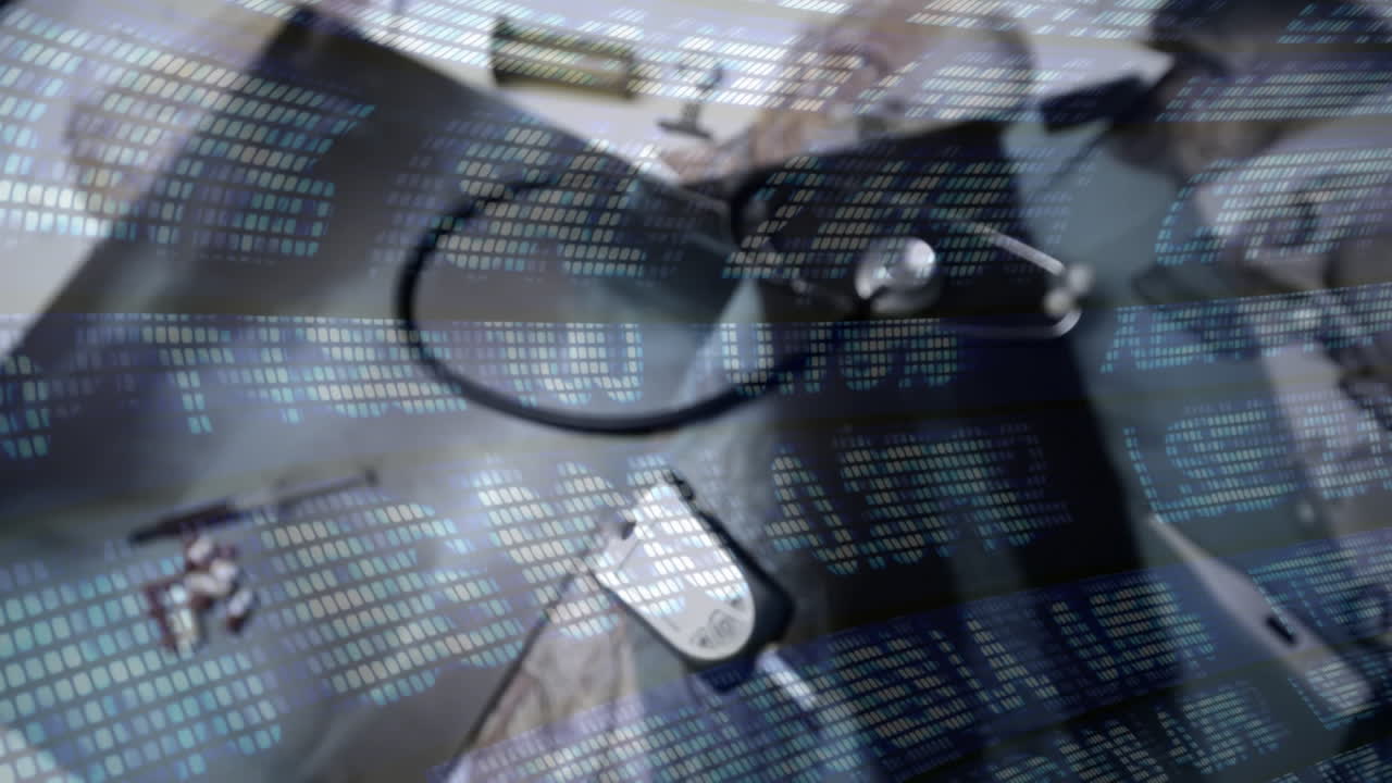 animación del procesamiento de datos sobre la caída de la prueba de covid-19 en equipos médicos y rayos x