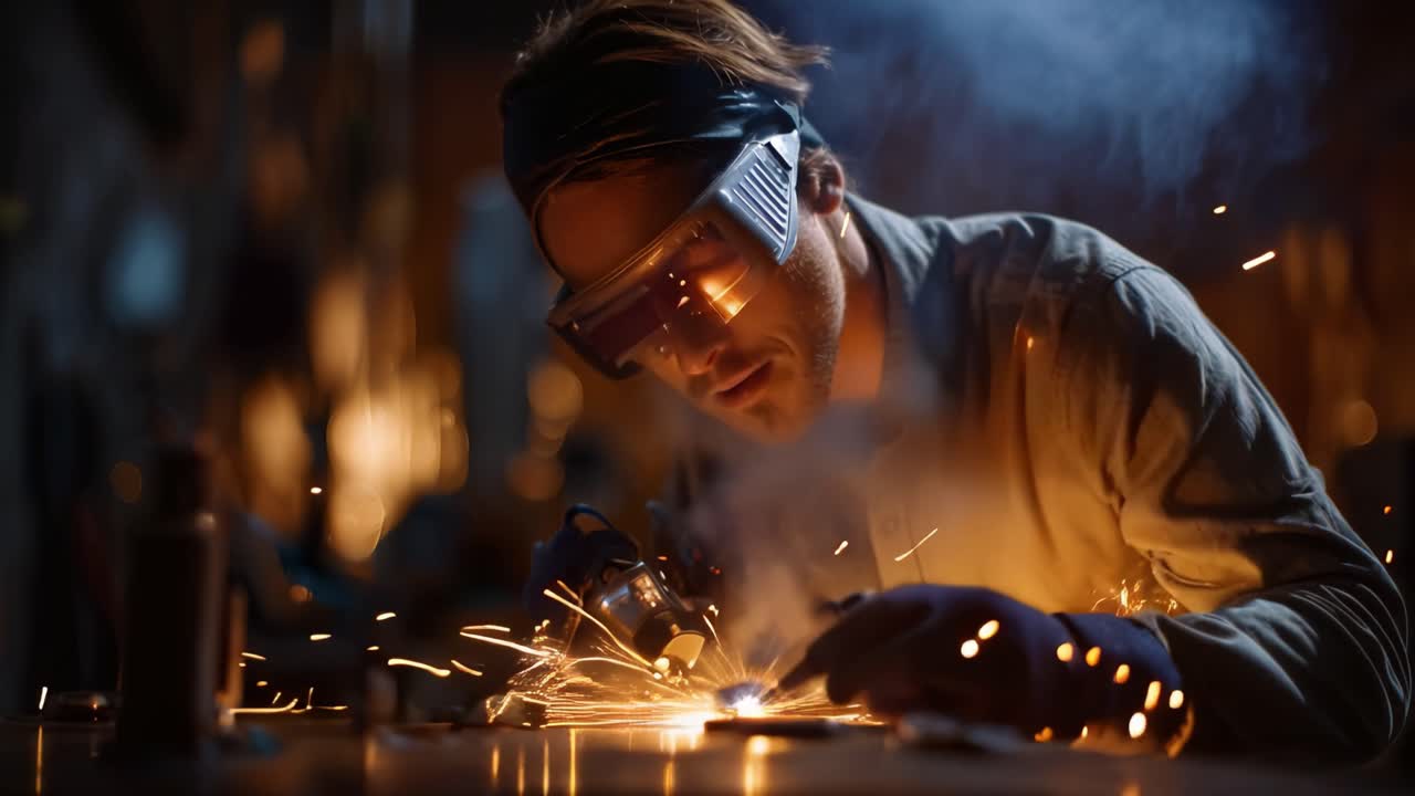 Un saldatore esperto lavora meticolosamente su un pezzo di metallo indossando indumenti protettivi, mostrando l'arte e la scienza della saldatura in un'officina piena di scintille incandescenti.