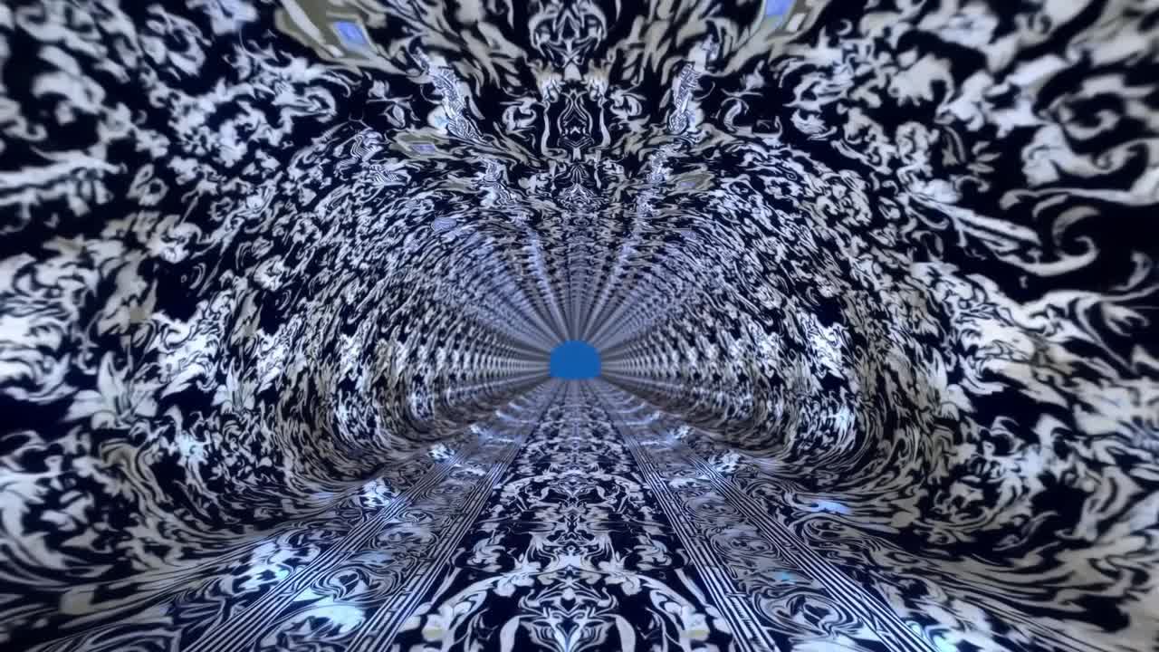 Abstract tunnel with intricate patterns and vibrant colors, showcasing a continuous motion sequence through a mesmerizing visual journey into depth and perspective