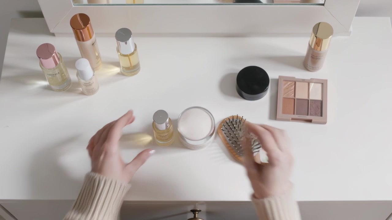 Hænder i beige sweater tager en flaske med metalkapsel fra toiletbordet, drejer den og placerer en krukke nær en børste.