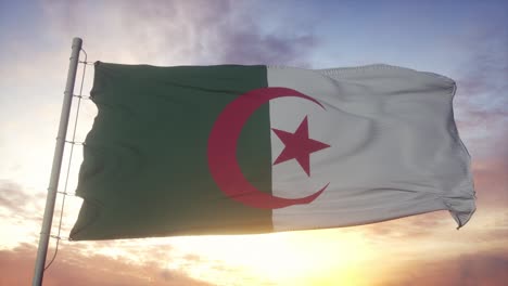 flag of algeria waving in the wind, sky and sun background