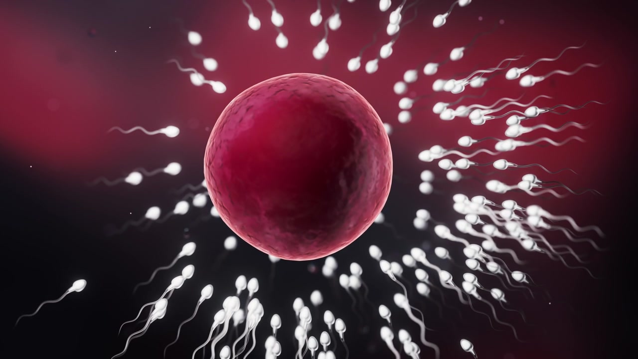 The union of sperm and an egg cell, 3d rendering.