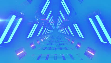 Animation-of-neon-lights-in-tunnel-over-blue-background