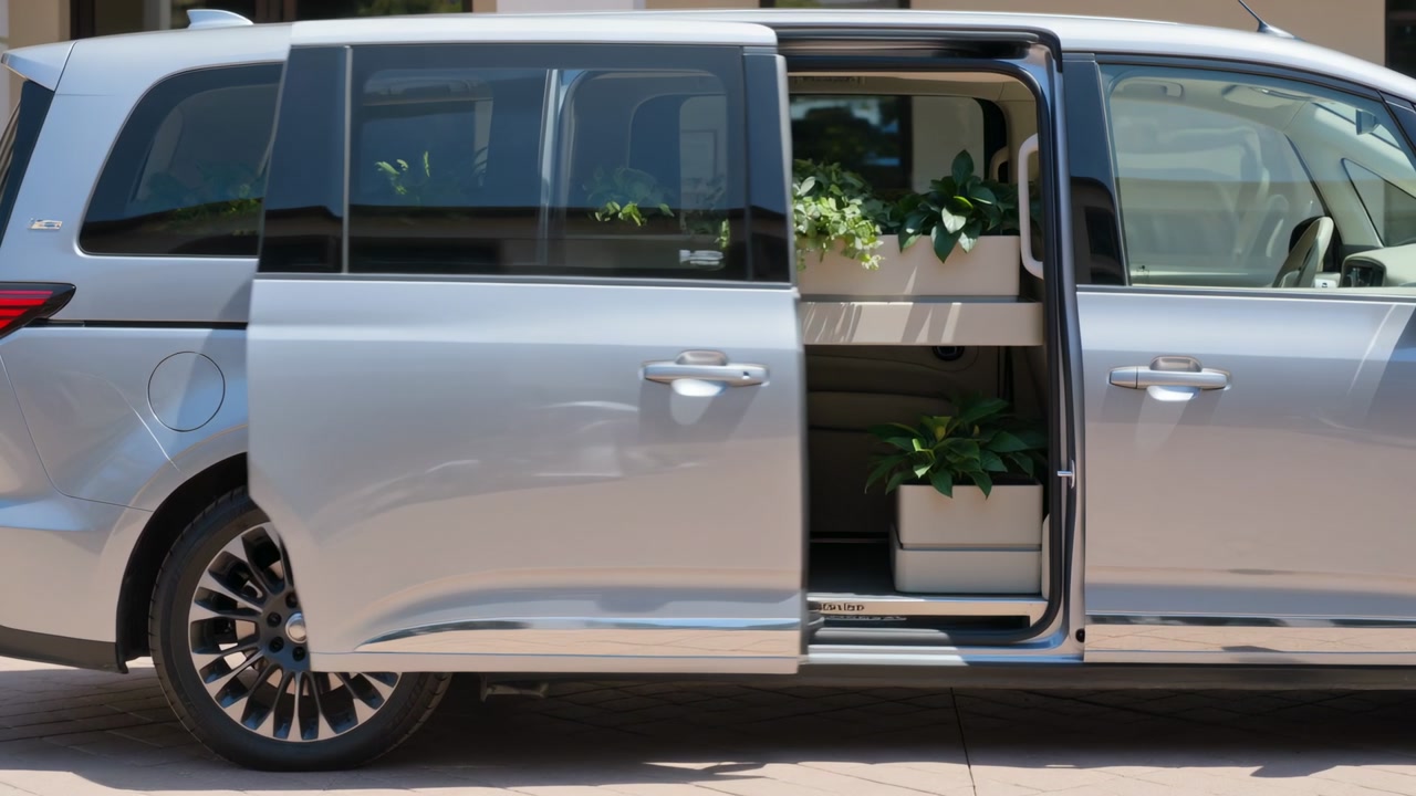 Power door activating, silver minivan sliding passenger door, revealing white planters on driveway