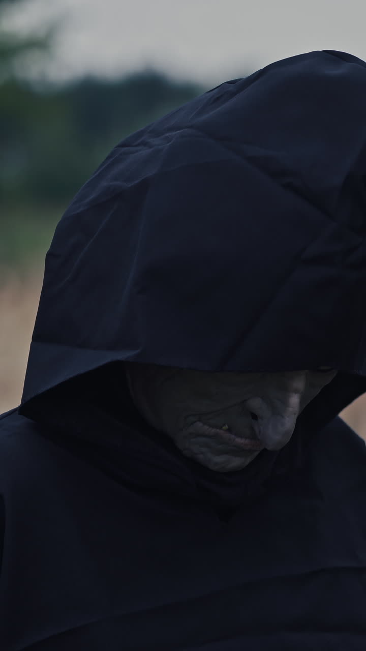 Close-up scary face of ghost. Nightmare in black costume with hood looking at camera and going away on the field. Fright concept. Halloween. Vertical video