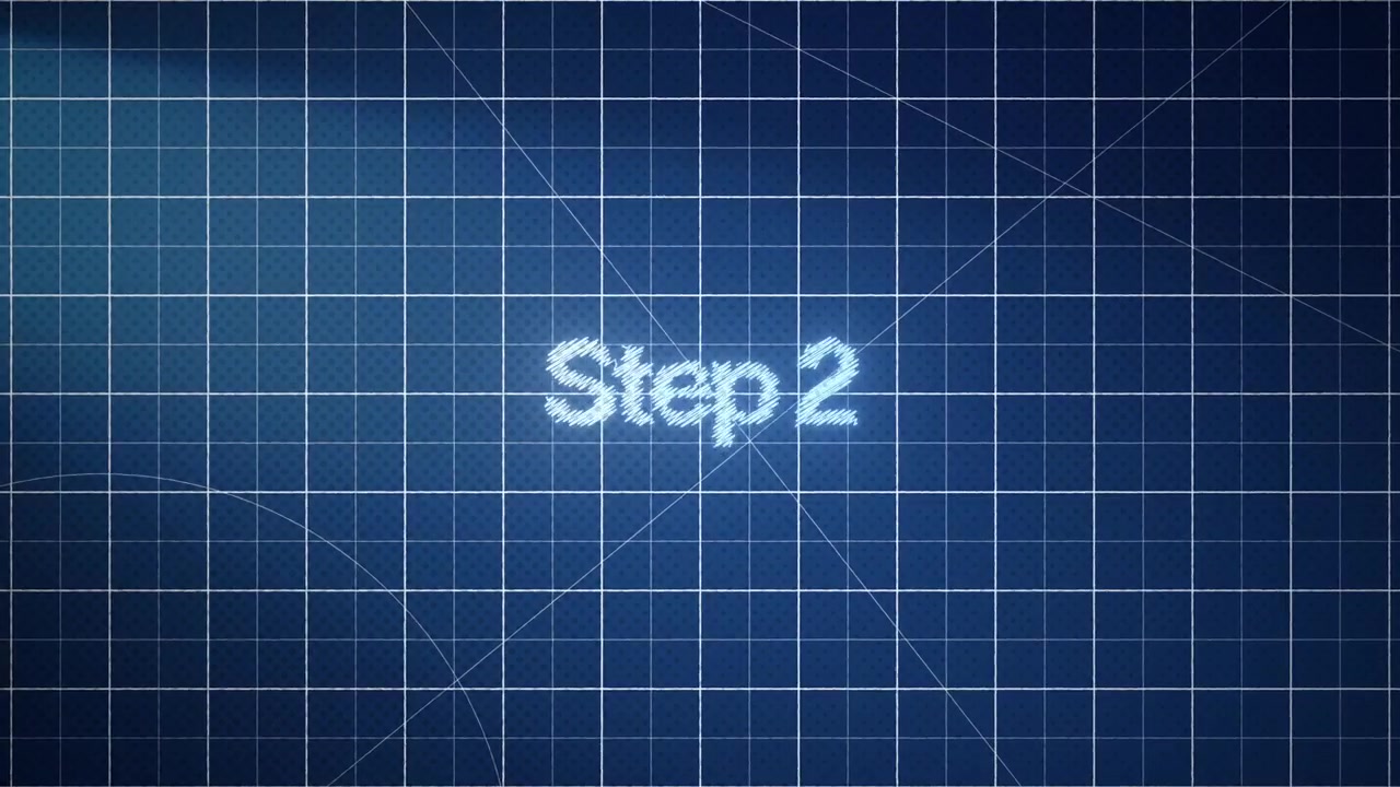 Glowing 'Step 2' Text on Blue Technical Grid Background