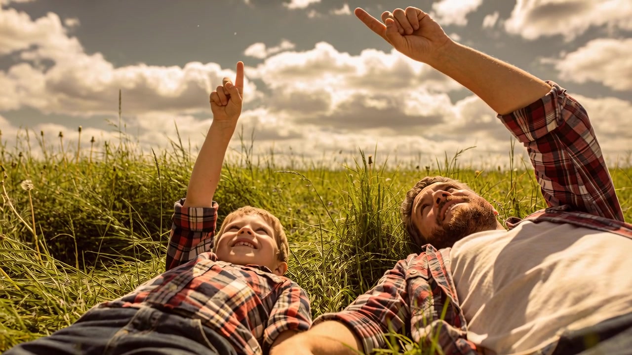 Adulto con camisa a cuadros señalando y levantando el brazo, niño imitando, ambos señalando las nubes en el campo.