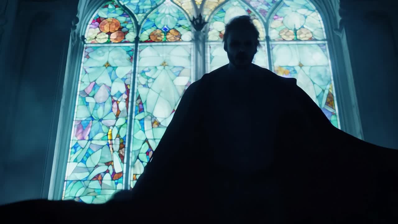 Hooded figure walks through gothic cathedral with ornate stained glass windows, illuminated by atmospheric light