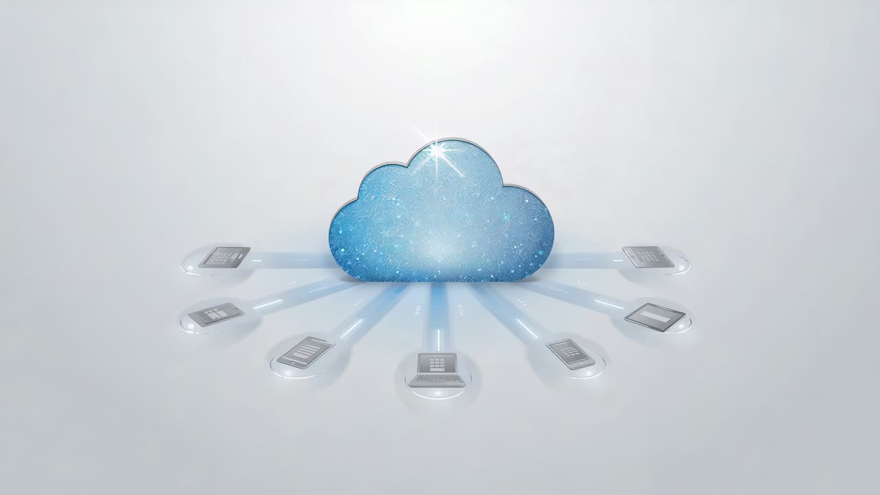Emitting starry glow, blue cloud icon on plane connecting radial beams to eight devices for sync