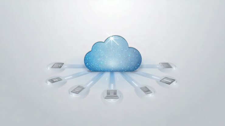 Emitting starry glow, blue cloud icon on plane connecting radial beams to eight devices for sync