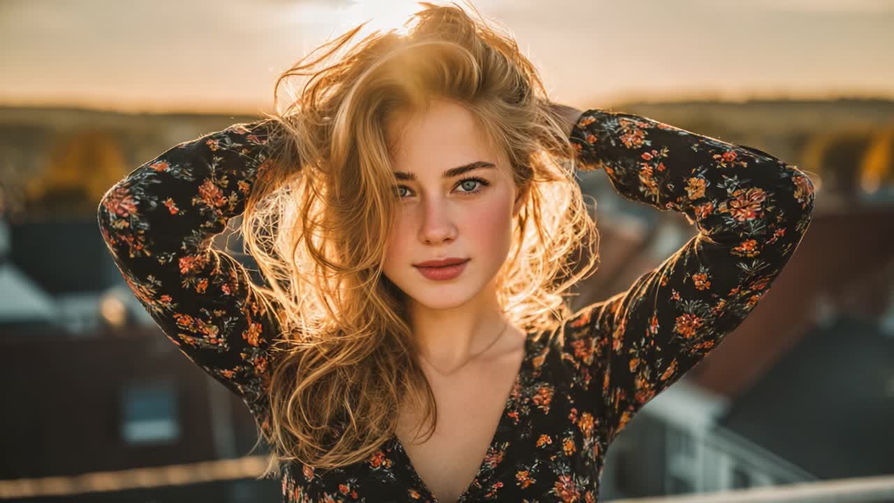 Captivating Beauty: A Young Woman with Flowing Hair Poses Elegantly Against a Sunset Backdrop, Highlighting Golden Tones and Natural Charm