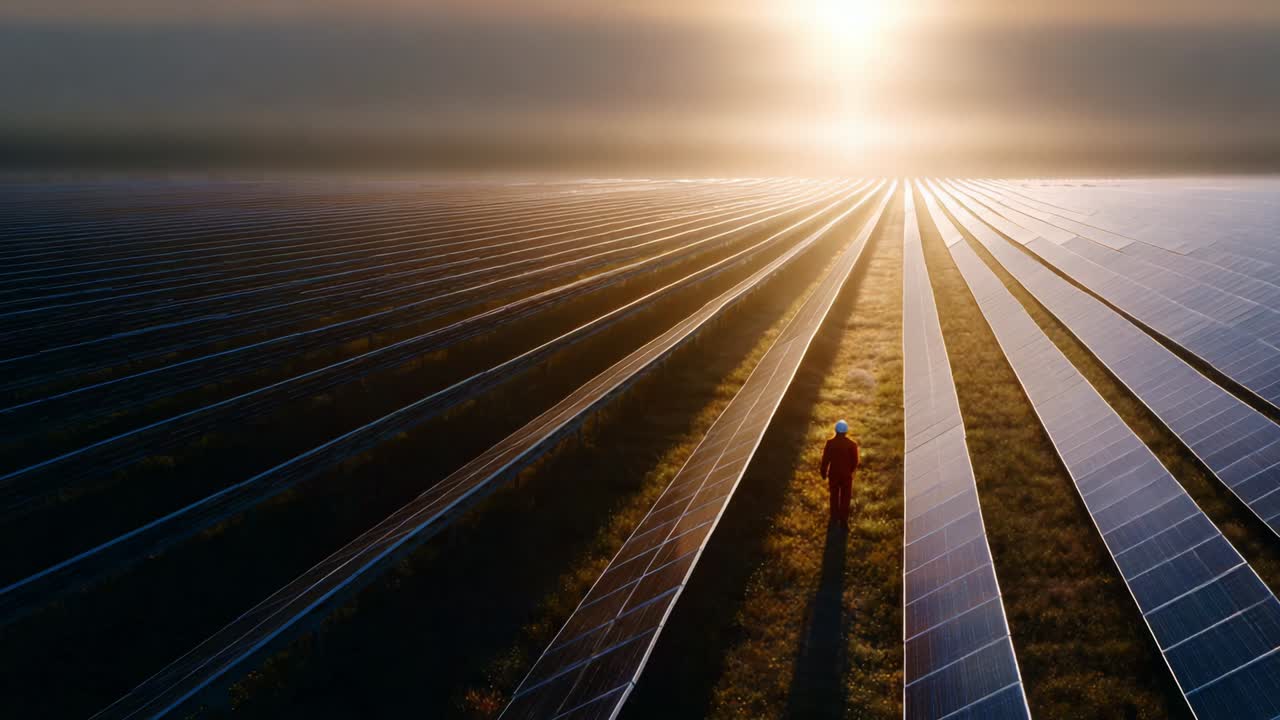 En medarbejder står midt på en stor solcellepark, hvor rækker af solpaneler strækker sig mod horisonten badet i det gyldne lys fra daggryet, hvilket symboliserer fremtiden for bæredygtig energi og innovation.