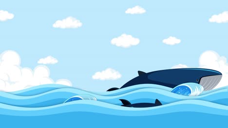 animated whale frolicking through wavy seascape