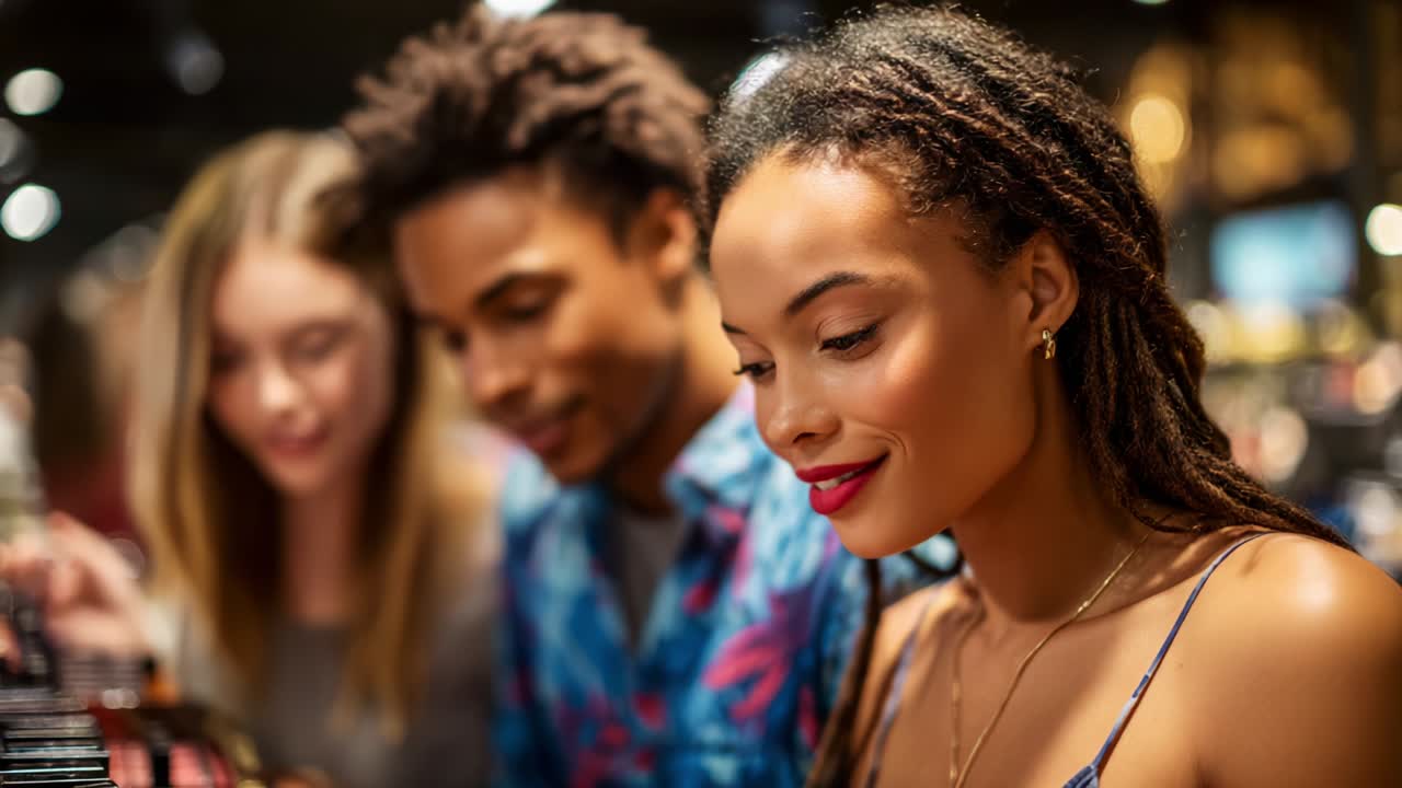 Esplorando la bellezza: un gruppo di amici si diverte in un negozio di cosmetici, scegliendo trucchi e condividendo le proprie opinioni sui prodotti che valorizzano il loro aspetto naturale
