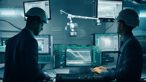 two engineers working on a computer in a modern factory