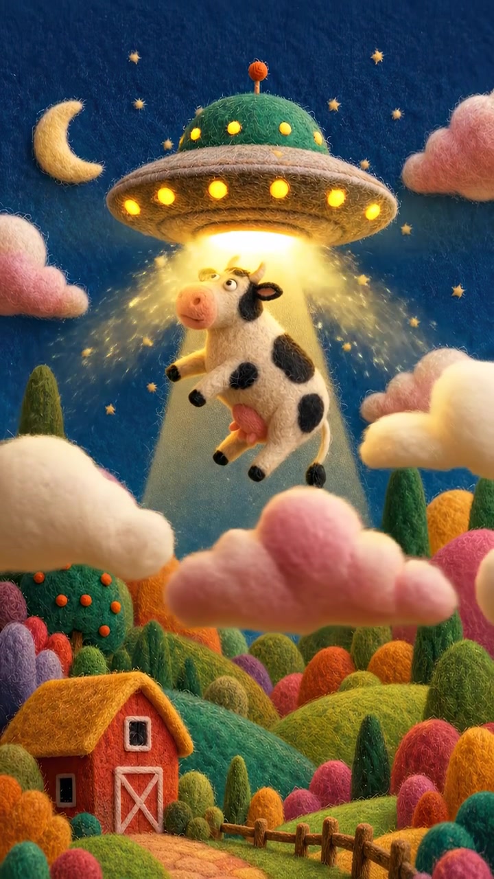 Filtkunst-animation af en ko, der bliver bortført af en UFO