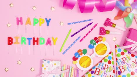 happy birthday stop motion with candles and moving party accessories. stop motion