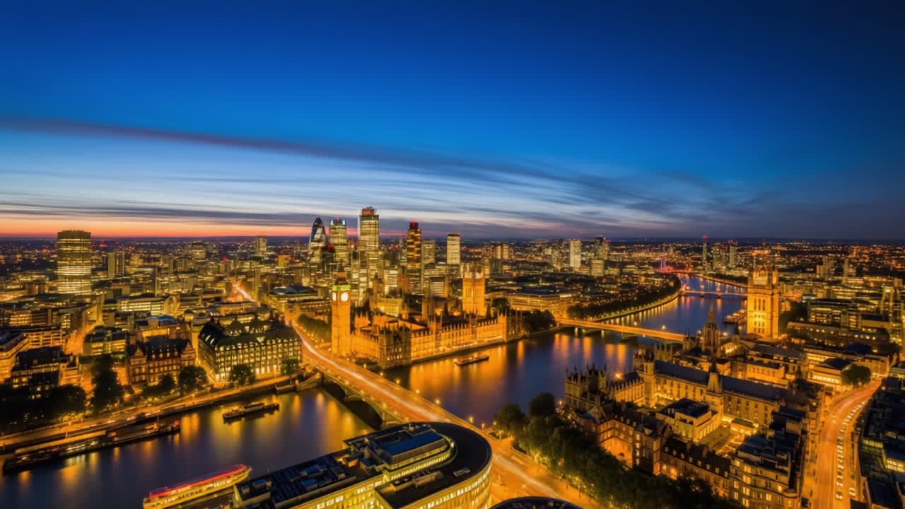 Stunning Aerial Views of the Cityscape at Dusk and Night, Showcasing Illuminated Landmarks, River, and Vibrant Nightlife in a Diverse Urban Environment