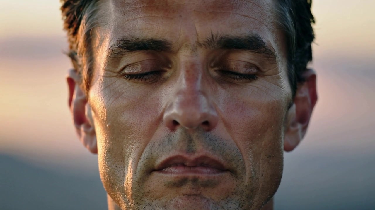 Uomo adulto che respira e riflette sotto la luce dell'alba, mostrando lievi movimenti, barba incolta, cielo sfocato