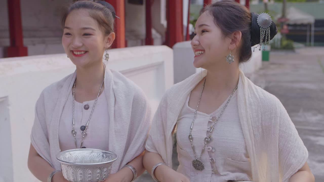 Happy Two Girls With The Water Bowl Walking, Slow Motion