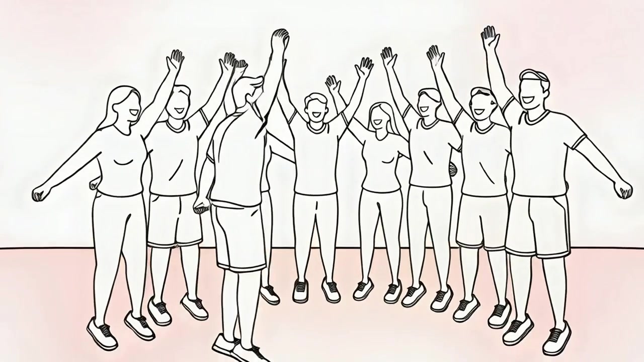Chanting teammates stepping outward from huddle into semicircle in studio, celebrating in tshirts
