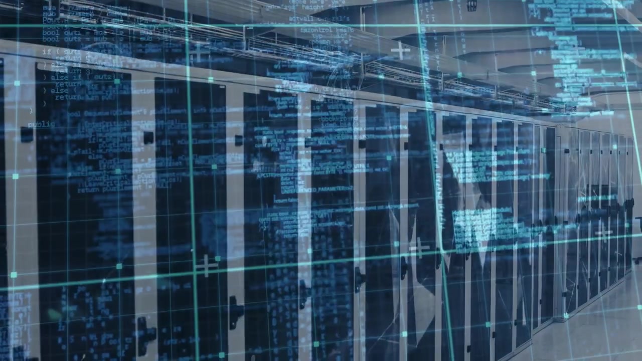 Animation of data processing over modern building and cityscape
