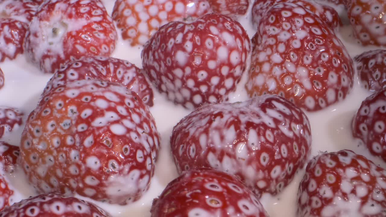 rotar las fresas maduras cubiertas con una capa de crema. rotación de la cámara 360 grados, primer plano.