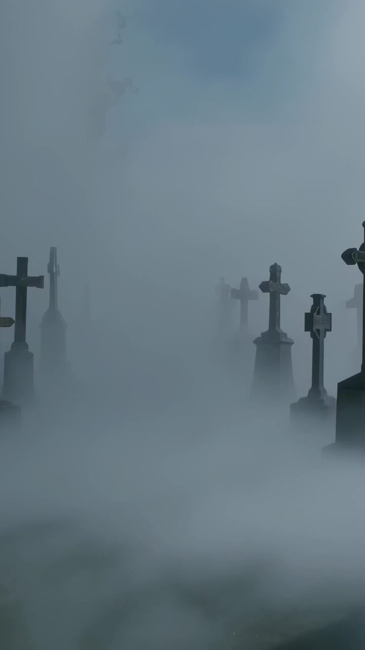 Video verticale: Nebbia che si dirada, rivelando una croce a destra in un cimitero con un albero, croci in lontananza e spazio per il testo.