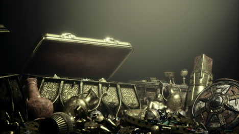 treasure chest filled with ancient artifacts and valuables in dim light