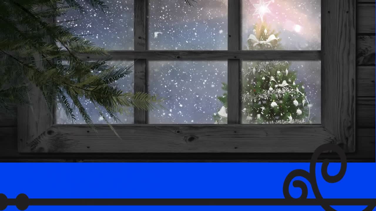 Animation of view of snow falling over christmas tree on winter landscape from window frame