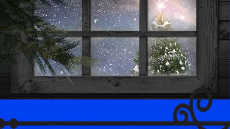 animation of view of snow falling over christmas tree on winter landscape from window frame