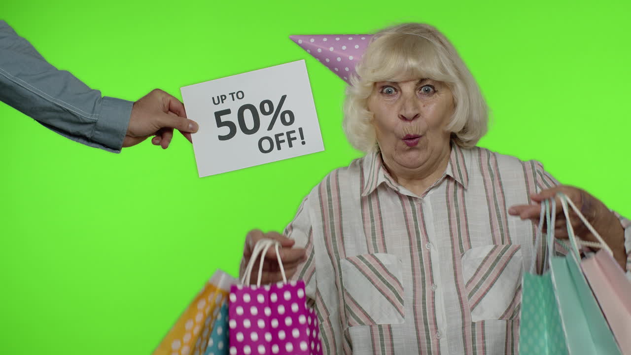 Advertisement Up To 50 Percent Off appears next to grandmother. Woman dancing with shopping bags