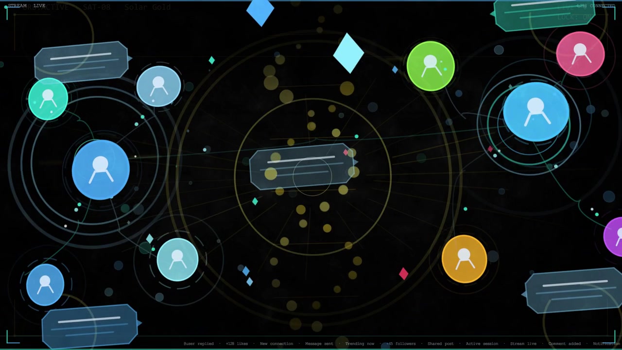 Central HUD card emitting pulse, spawning colored avatars orbiting, linking and showing data flow