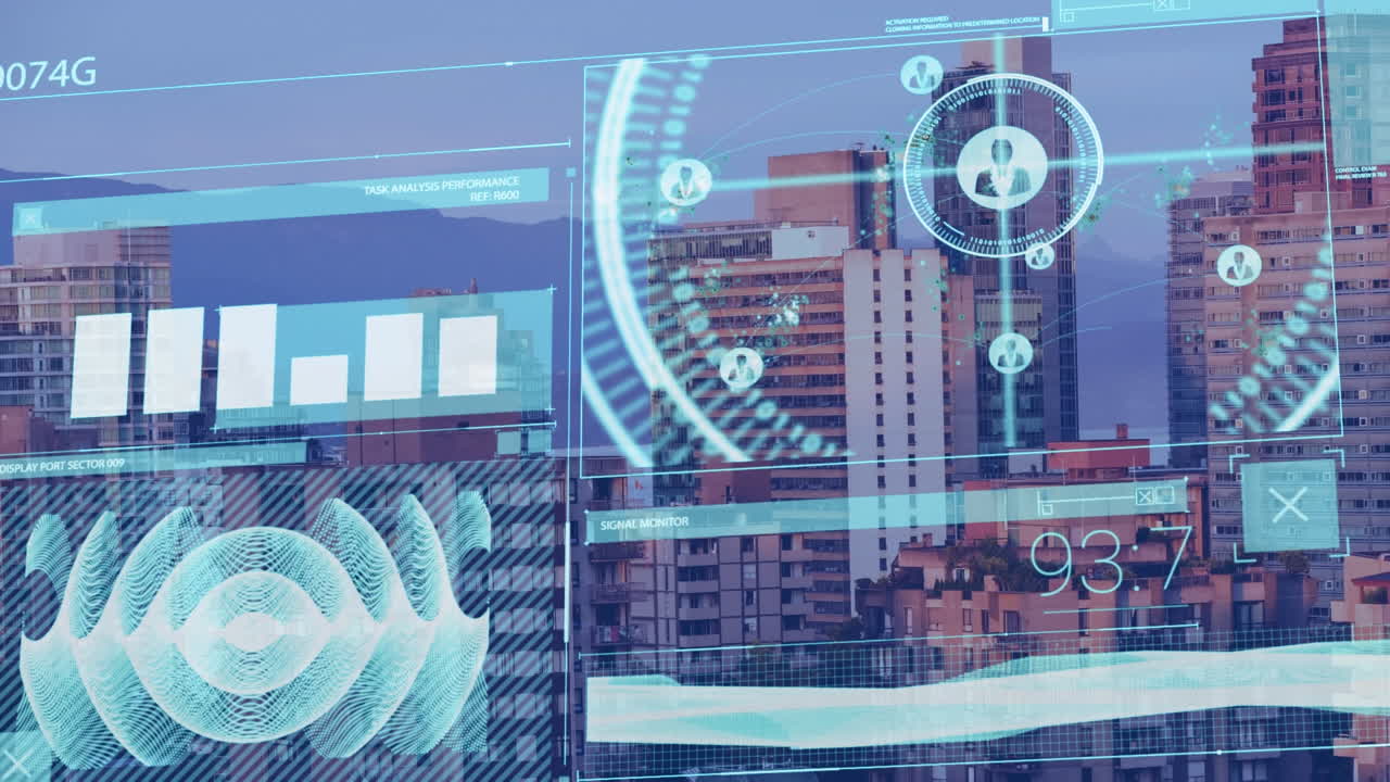 도시 풍경 위의 데이터 처리 애니메이션