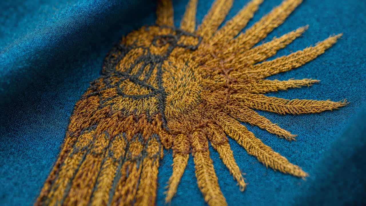 Racking focus camera revealing golden embroidered motif on teal fabric at studio, showing stitches