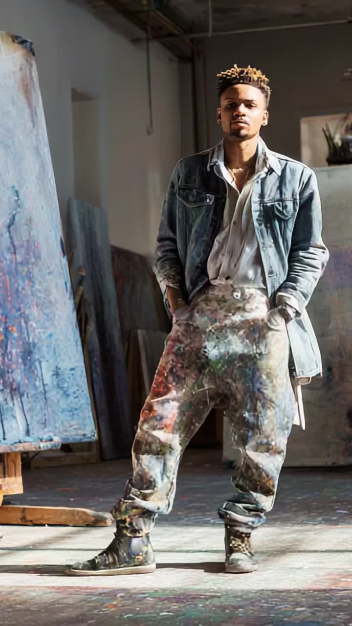 Un artista creativo posa con confianza en un estudio rodeado de coloridos cuadros, mostrando su estilo único y su personalidad artística con una iluminación cautivadora