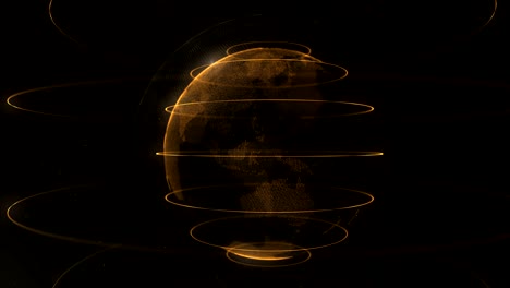 abstract particle. golden, orange planet inside the veilted one, created of dots. little white dots on the background. sphere. golden sphere is looping slowly. 4k.