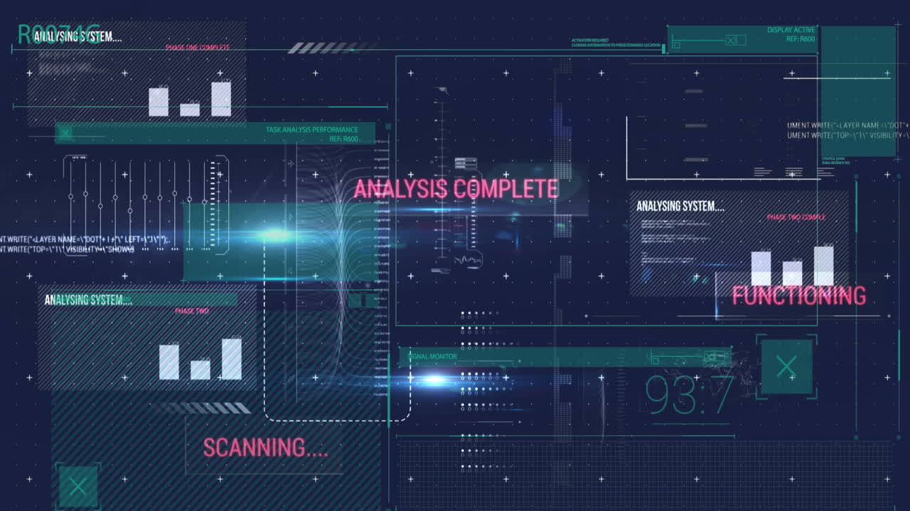 Animation of interface with data processing and light spot against blue background